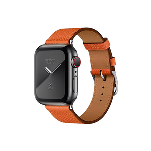 Hermes Apple Watch Series 7 GPS/ Cellular 45 mm - Space Black Stainless Steel Case - Orange Faux Leather Watch Band