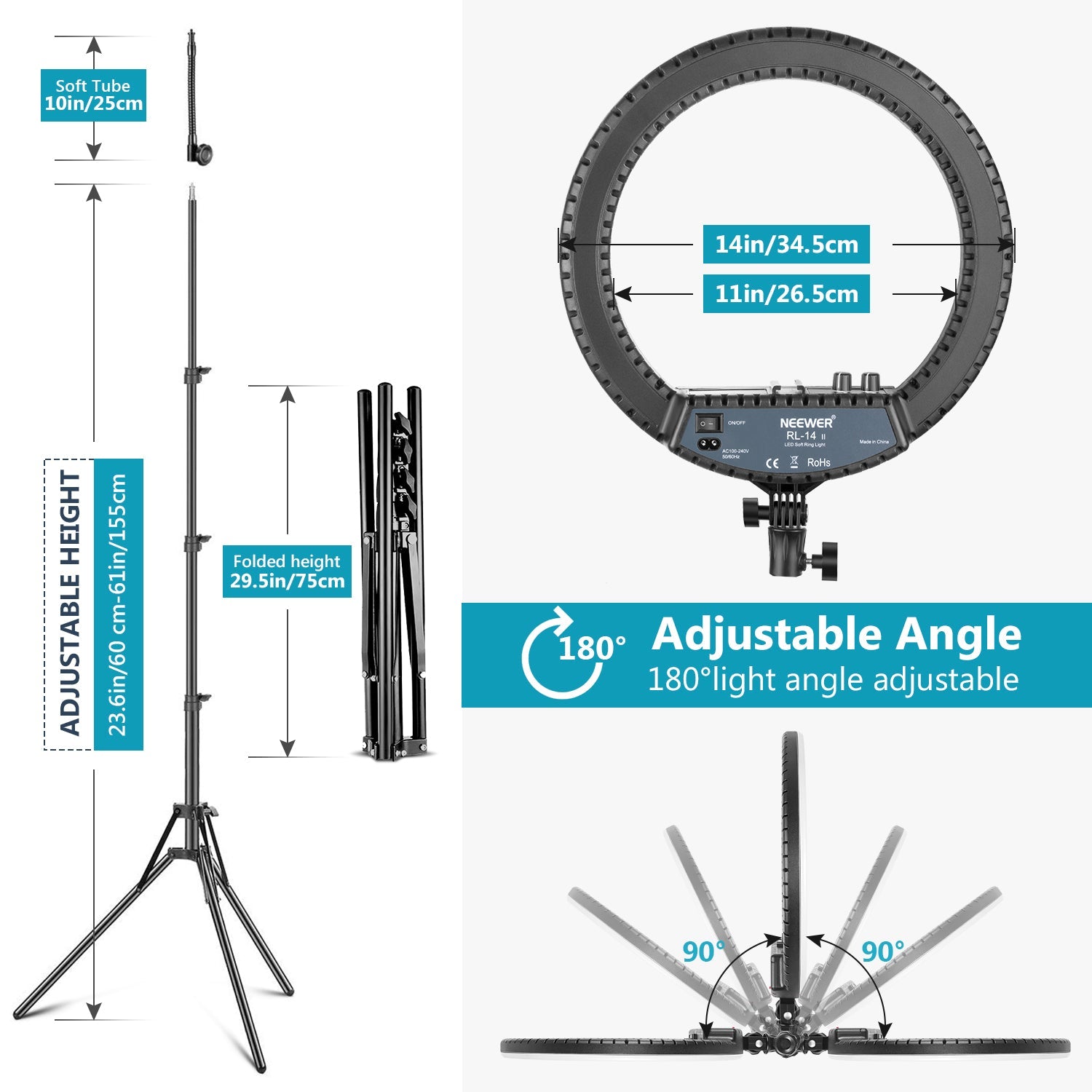 Neewer 14" Dimmable Bi-color Ring Light and Stand Kit with Carrying Bag - Techable