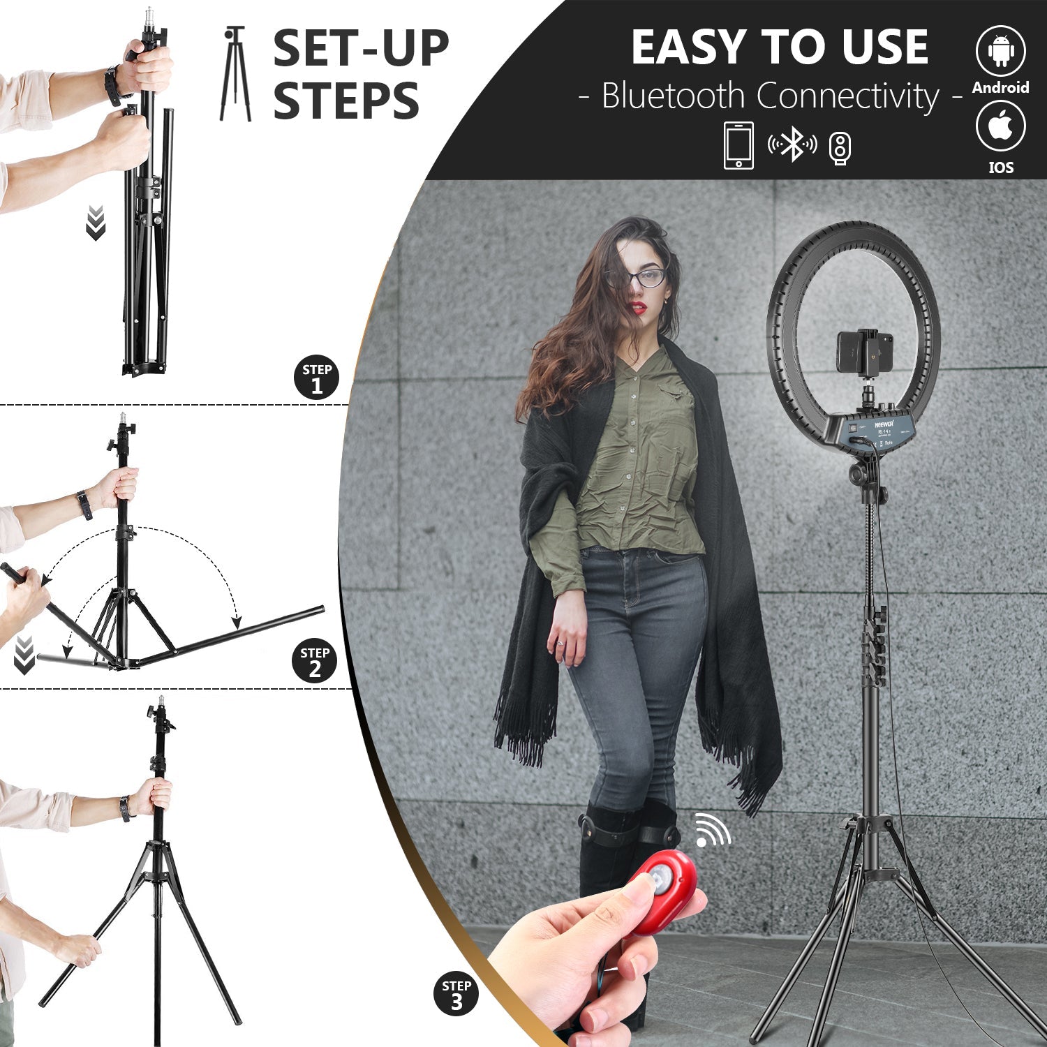 Neewer 14" Dimmable Bi-color Ring Light and Stand Kit with Carrying Bag - Techable