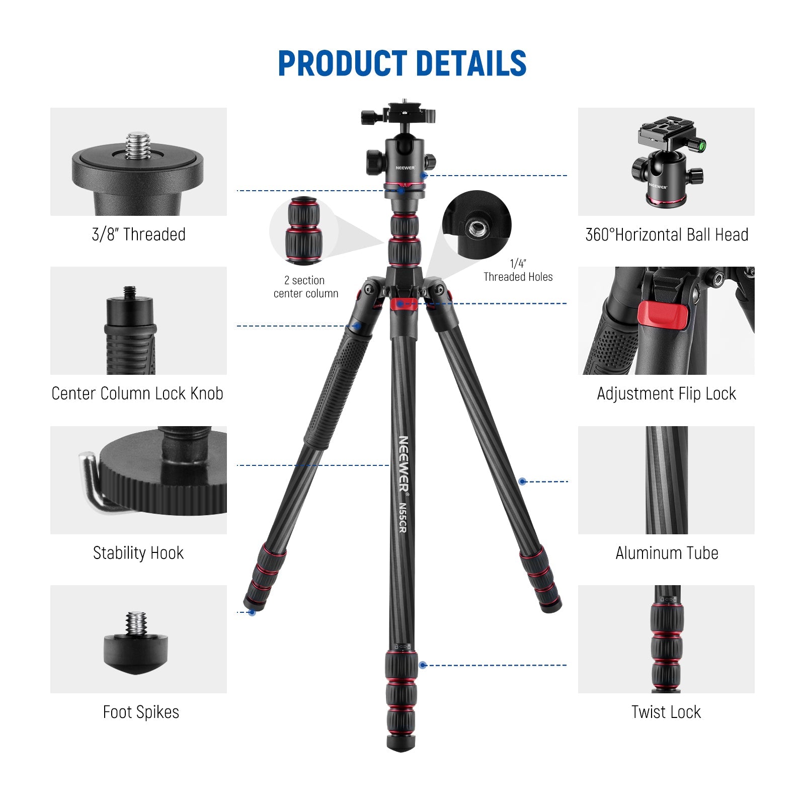 NEEWER N55CR 80.7” Carbon Fiber Tripod with 2 Section Center Axes - Techable