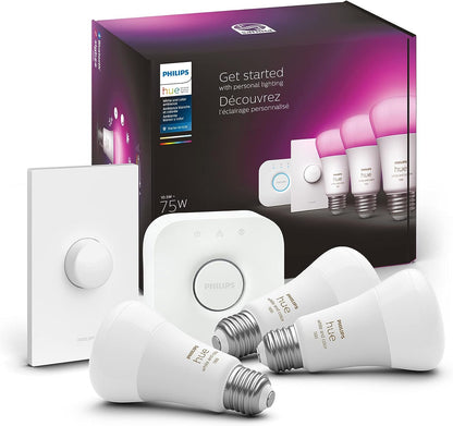 NEW Philips Hue Starter Kit: (3) E26 LED Smart Bulbs (75W) + Smart Button - Adjustable Color and Brightness, Voice Control, Easy Setup