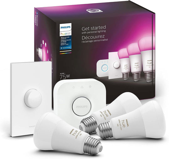 NEW Philips Hue Starter Kit: (3) E26 LED Smart Bulbs (75W) + Smart Button - Adjustable Color and Brightness, Voice Control, Easy Setup - Techable