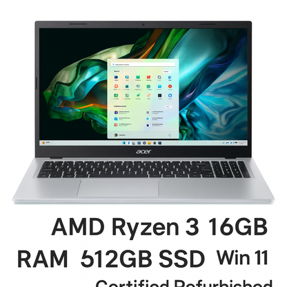 Acer Aspire 3 – 15.6" Laptop | AMD Ryzen 3 | 8GB RAM | 128GB / 512GB SSD – Certified Refurbished