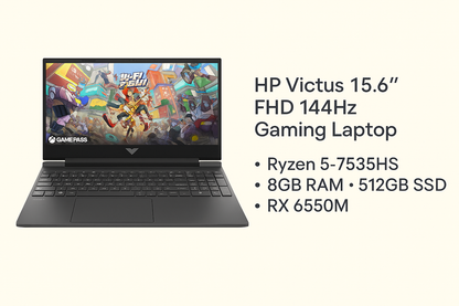 HP Victus 15.6-inch FHD 144Hz Gaming Laptop | Ryzen 5-7535HS | 8GB RAM | 512GB SSD | RX 6550M – Certified Refurbished