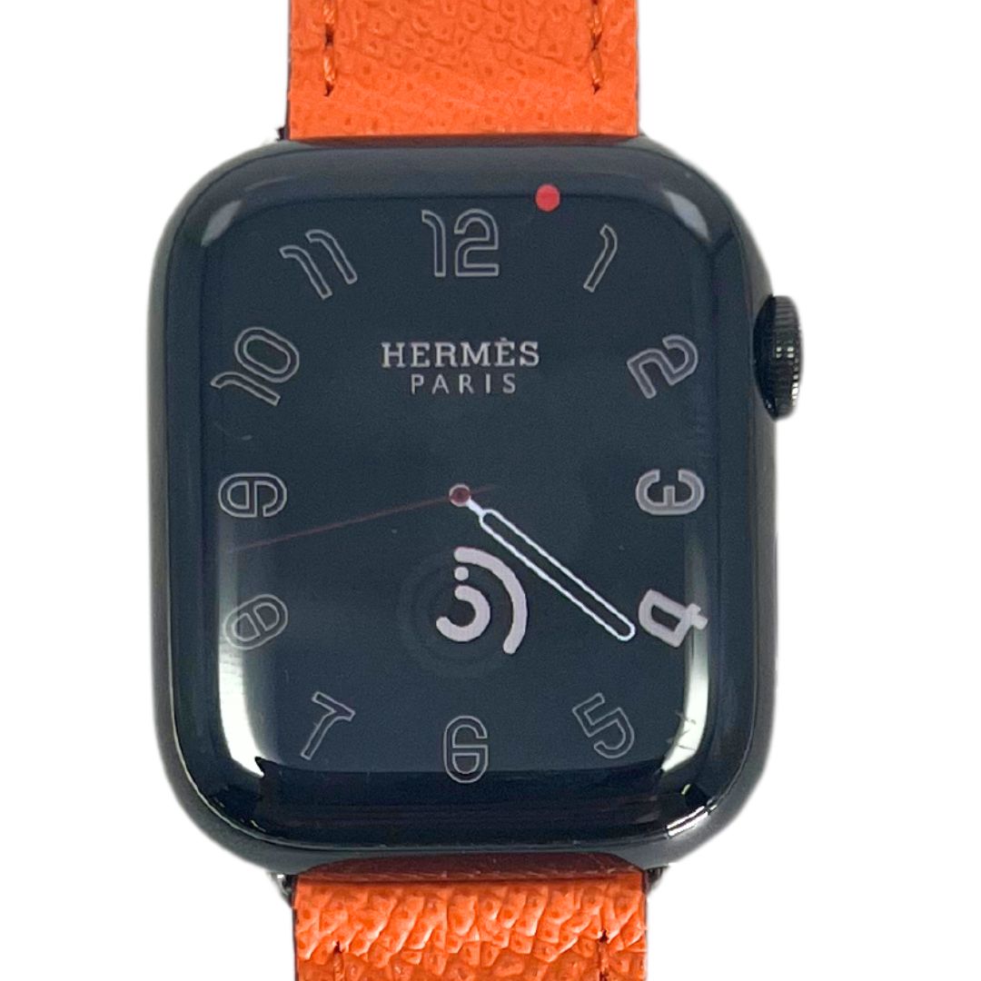 Hermes Apple Watch Series 7 GPS/ Cellular 45 mm - Space Black Stainless  Steel Case - Orange Faux Leather Watch Band