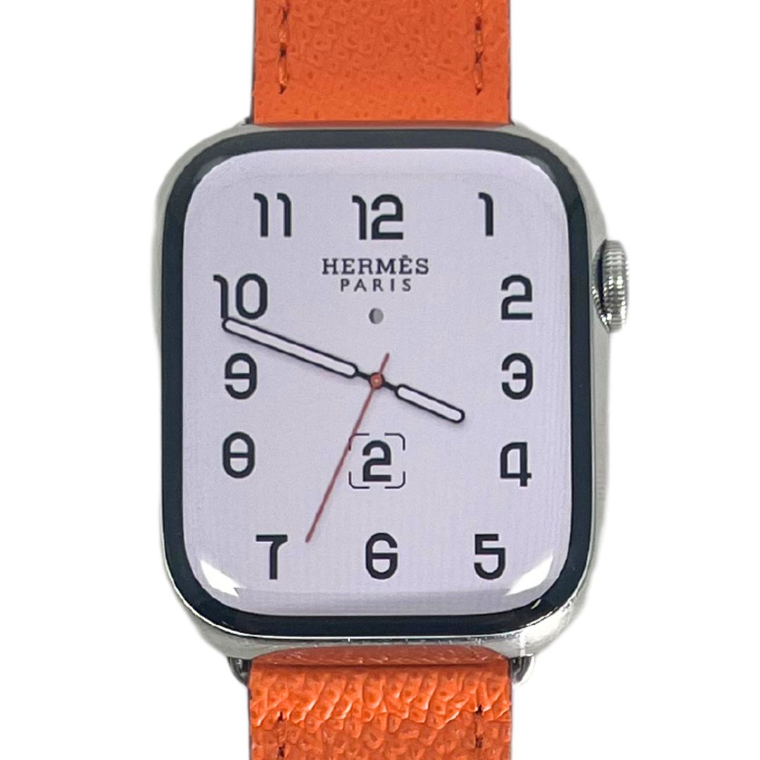 Hermes Apple Watch Series 7 GPS/ Cellular 45 mm - Stainless Steel Case -  Orange Faux Leather Watch Band