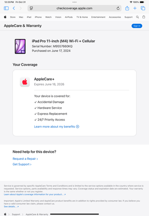 iPad Pro 11-inch (2024) Nano-Texture – M4 10-Core CPU/GPU • Cellular 5G – 16GB RAM 1TB SSD – AppleCare+ 6/26
