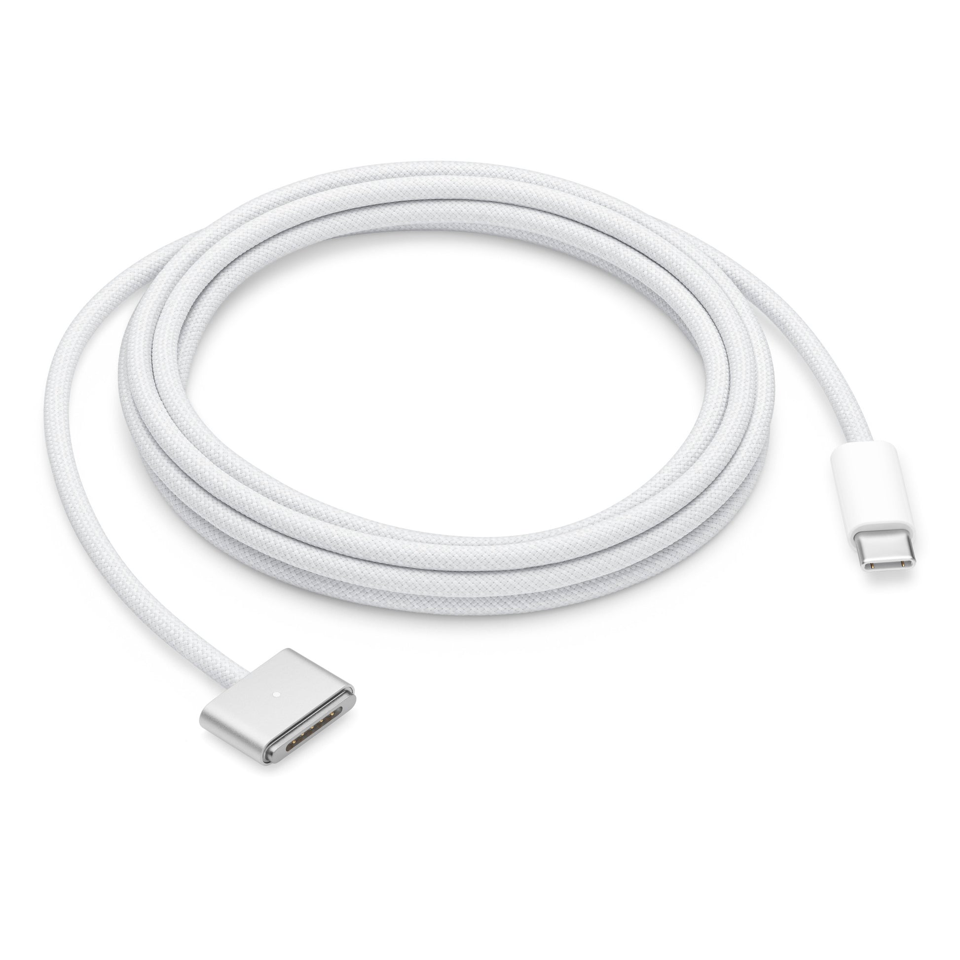 Close-up of the threaded MacBook MagSafe 3 charging cable for 2023 Apple MacBook Pro models