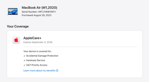 MacBook Air (2020) 13-inch – Apple M1 8-Core CPU • 7-Core GPU – 8GB RAM 256GB SSD – AppleCare+ 9/26