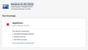 MacBook Air (2020) 13-inch – Apple M1 8-Core CPU • 7-Core GPU – 8GB RAM 256GB SSD – AppleCare+ 2/27