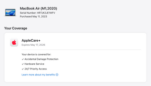 MacBook Air (2020) 13-inch – Apple M1 8-Core CPU • 7-Core GPU – 8GB RAM 256GB SSD – AppleCare+ 05/17/26