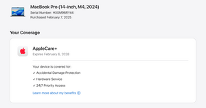 MacBook Pro (2024) 14-inch – Apple M4 10-Core CPU • 10-Core GPU – 24GB RAM 512GB SSD – AppleCare+ 2/28 • 2 Cycles