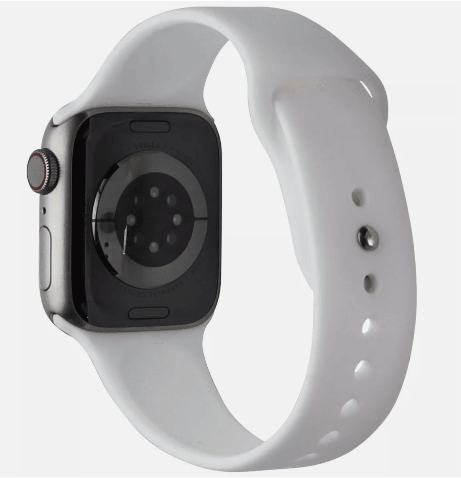 Apple Watch Series 7 2021 GPS Cellular A2477 45mm Titanium Case Silicone White Sport Band Excellent