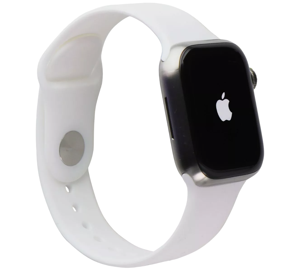 Apple Watch Series 7 2021 GPS Cellular A2477 45mm Titanium Case Silicone White Sport Band Excellent