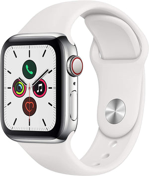 Apple Watch Series 5 (2019) 44mm GPS + Cellular - Stainless Steel Case & White Sport Band (Pre-Owned)