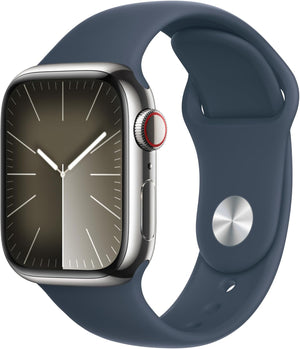 Apple Watch Series 9 (GPS + LTE) 45MM Silver Stainless Steel Case Storm Blue Sport Band (Used)